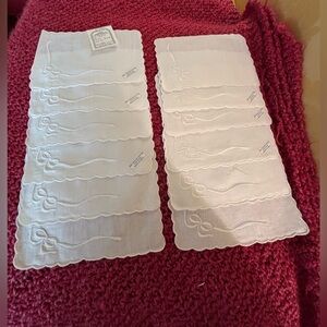 Set of 12 Scalloped Embroidered White Linen Cocktail Napkins